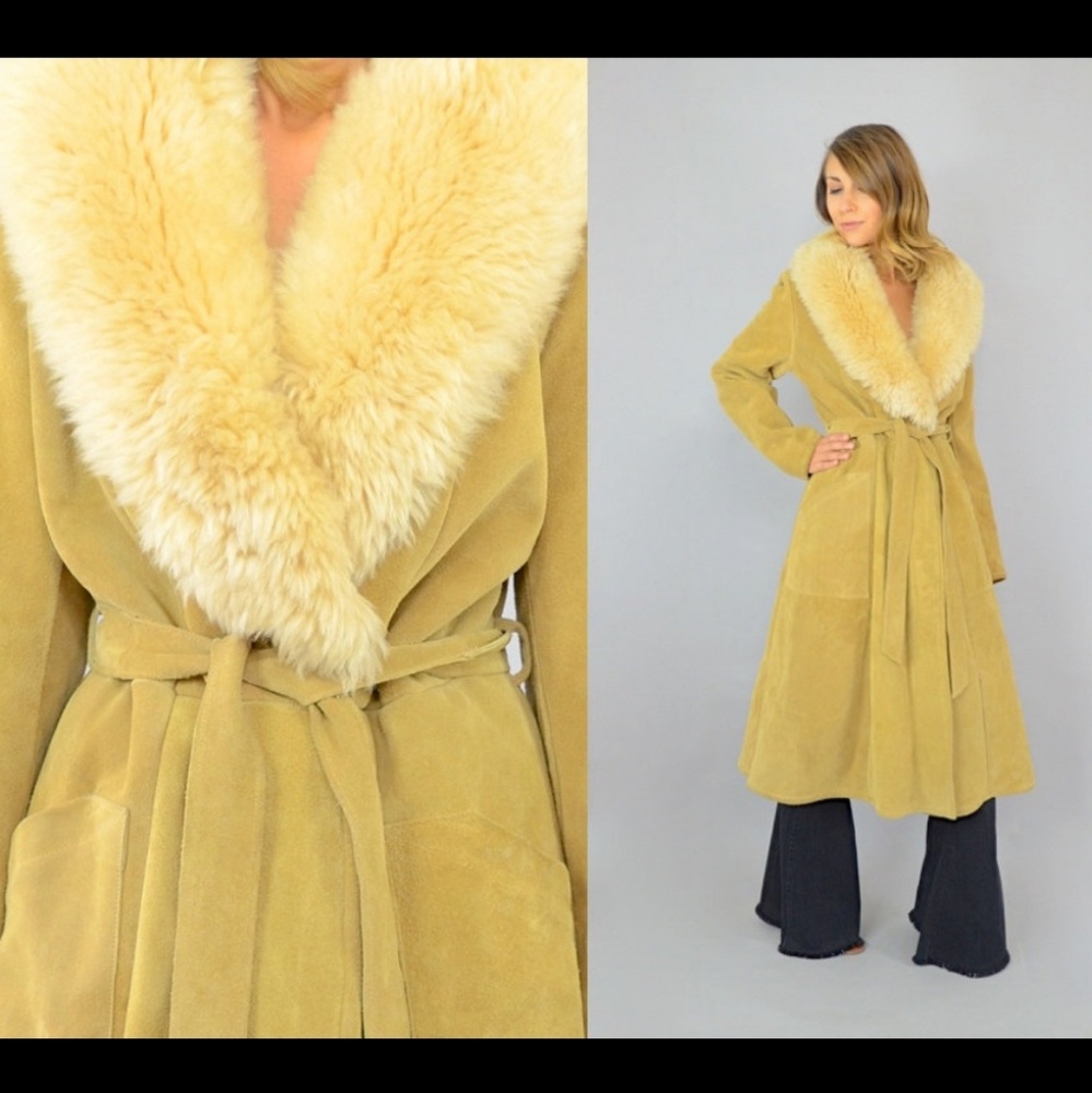 Vintage 70s genuine Shearling Suede Long Wrap Coat M/L